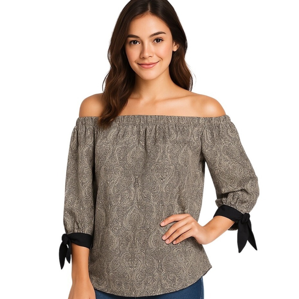 PerSeption Concept Blouse M Black Taupe Paisley Off-Shoulder Two-Way Boho Chic
